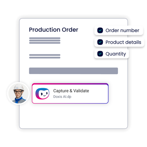 A digital production order form showing fields for order number, product details, and quantity, with a user icon.