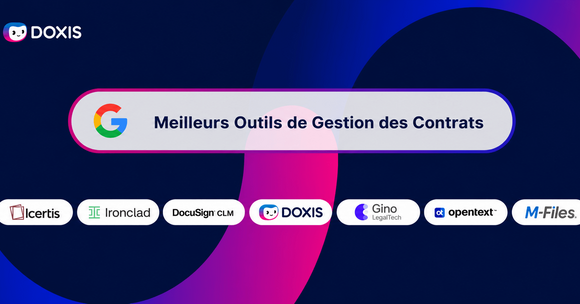 Graphique présentant les meilleurs outils de gestion de contrats avec des logos et un élément de marque Google.