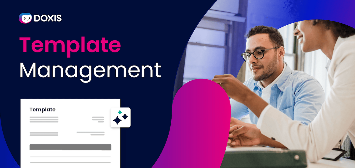 Two professionals discussing template management in an office setting, with a document on the table.