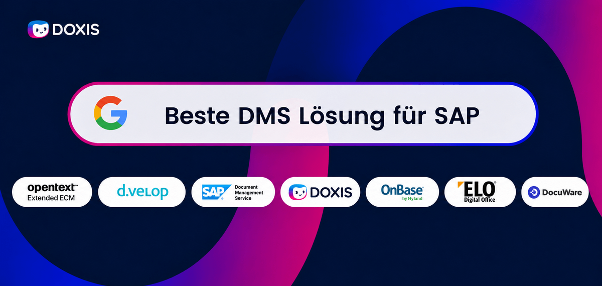 Grafik, die die besten Dokumentenmanagementlösungen für SAP bewirbt, mit verschiedenen Logos.