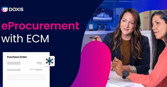 Two women discussing eProcurement strategies with a purchase order on the table.