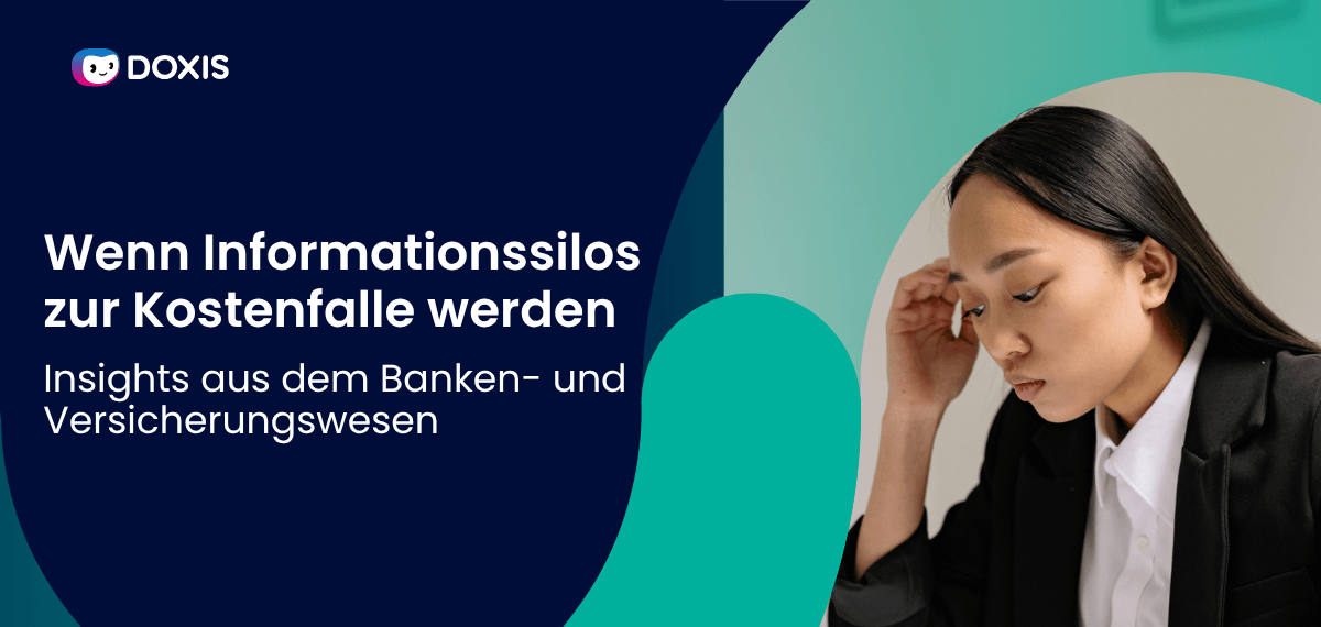 Eine Frau im Blazer wirkt nachdenklich, vor einem dunklen Hintergrund mit deutschem Text über Informationssilos und Erkenntnisse.