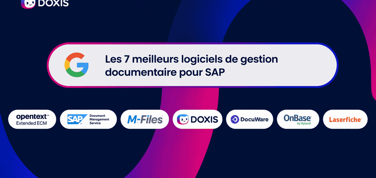 Une infographie présentant les 7 meilleurs logiciels de gestion de documents pour SAP, avec les logos de différentes plateformes.