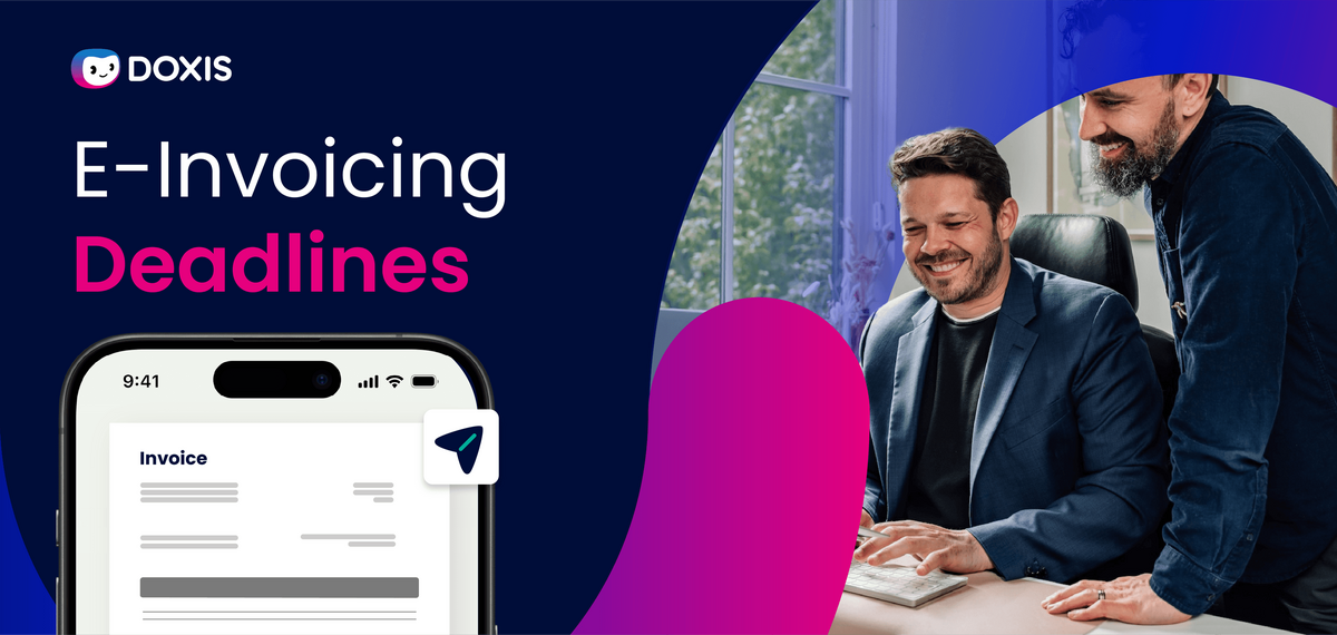 Two men discussing e-invoicing deadlines with a mobile device displaying an invoice.