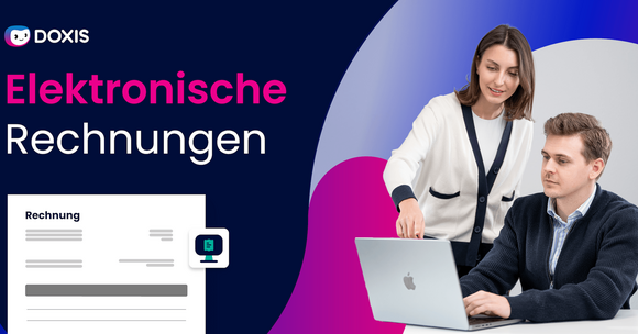 Eine Frau führt einen Mann, der einen Laptop benutzt, mit einer Grafik zur elektronischen Rechnung im Hintergrund.