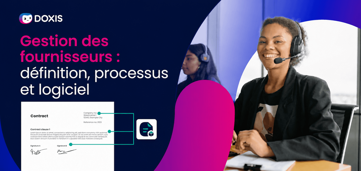 Une femme souriante portant un casque dans un bureau moderne, avec un document de contrat en vue.