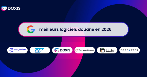 Promotion des meilleurs logiciels de douane pour 2026, avec les logos d'entreprises comme Cargowise, SAP et Doxis.