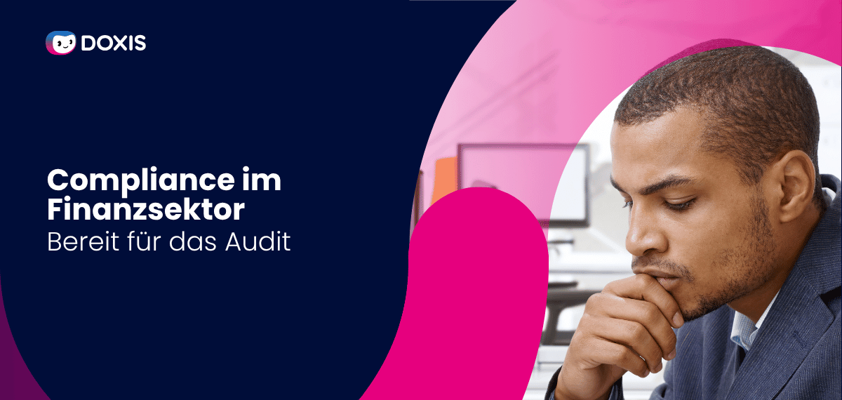 Ein Mann im Anzug, der über Compliance im Finanzsektor nachdenkt, mit buntem Branding und Text.