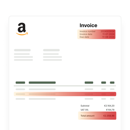 Invoice from Amazon showing details like invoice number, dates, and amounts.