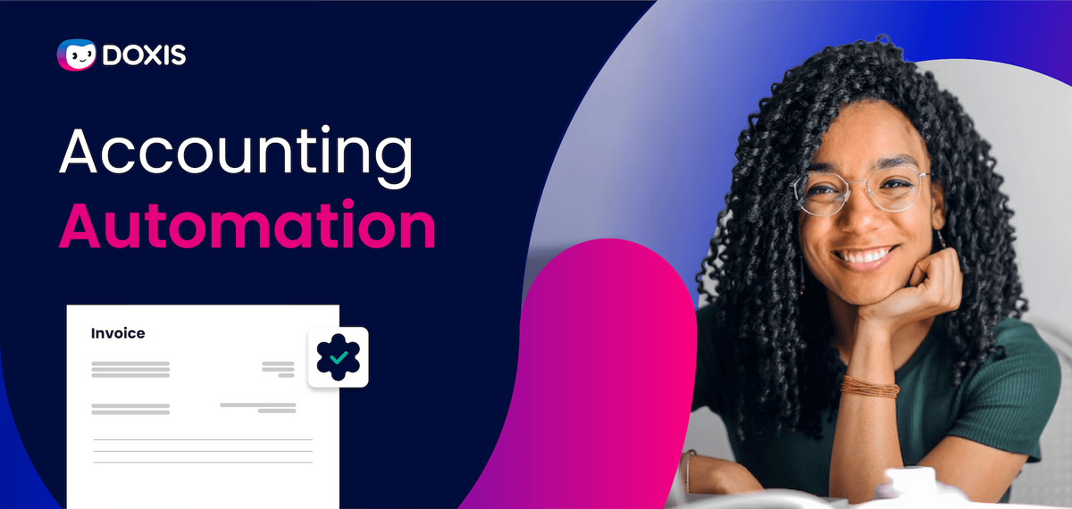 Smiling woman with curly hair, promoting accounting automation with an invoice graphic.