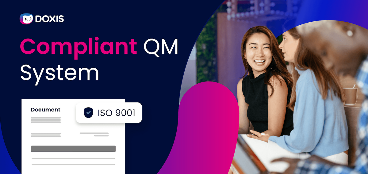 Two women engaged in conversation with a document labeled ISO 9001 in the foreground.