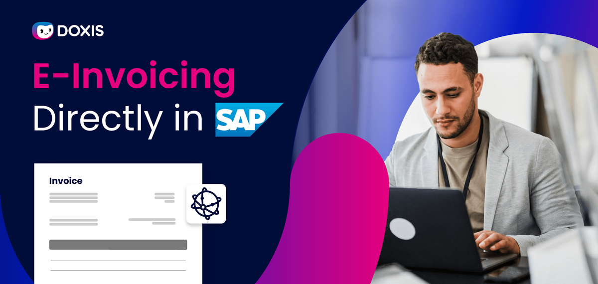 A man using a laptop with an invoice graphic and SAP logo, promoting e-invoicing.