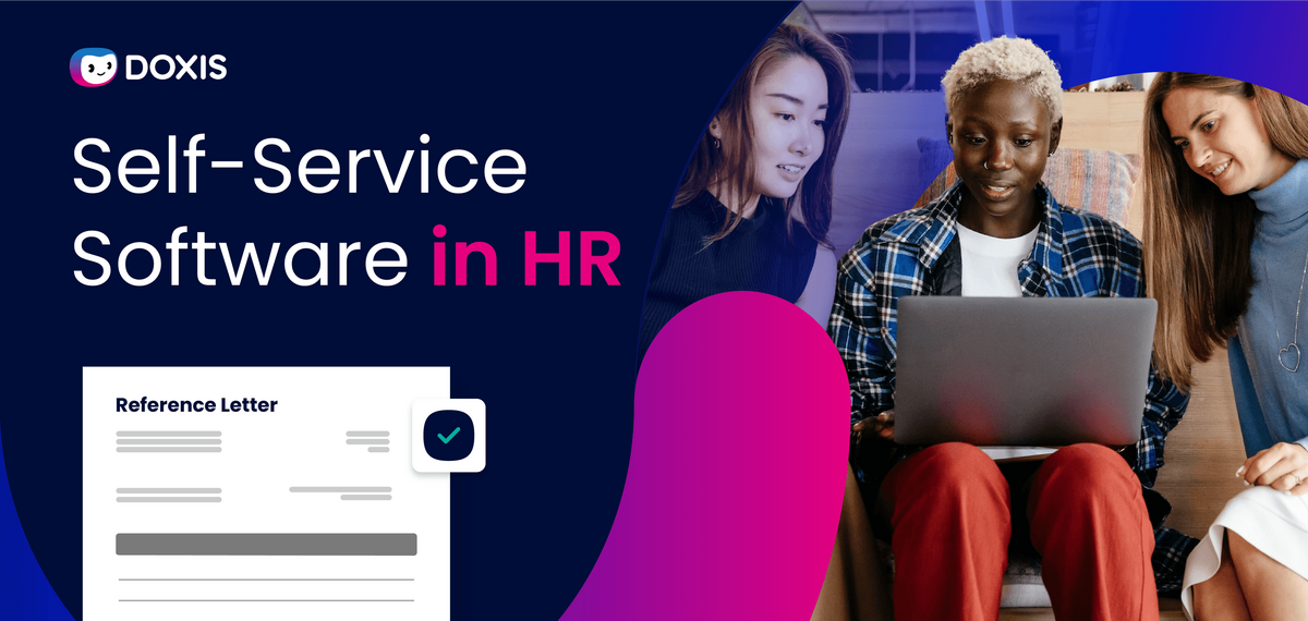 Three diverse individuals collaborating on HR software, with a reference letter visible.