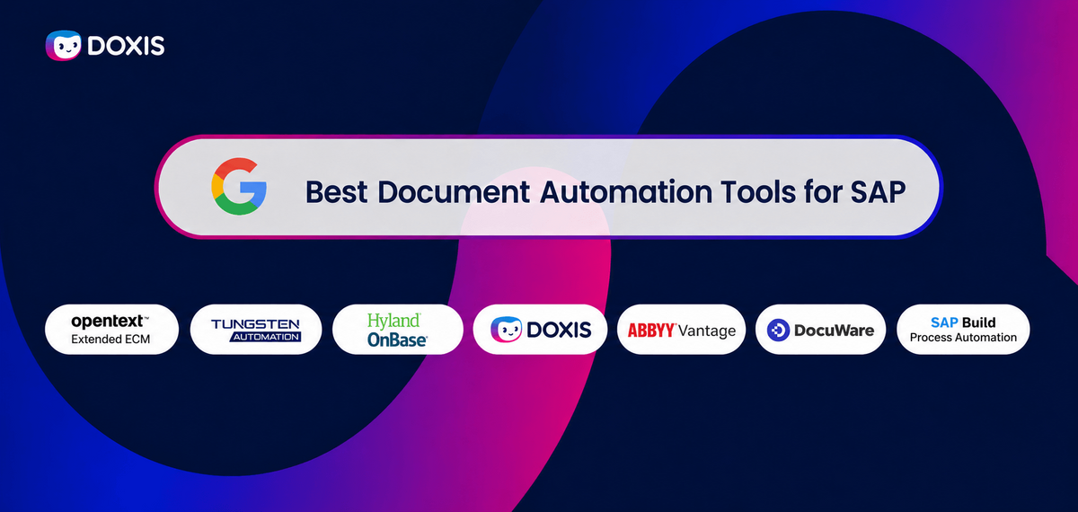 Graphic showcasing the best document automation tools for SAP, featuring logos of various software providers.