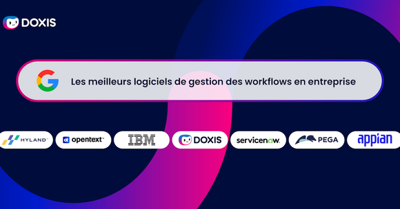 Graphique présentant des logos de logiciels de gestion des flux de travail avec une barre de recherche Google indiquant 'Meilleurs logiciels de gestion des flux de travail pour les entreprises'.