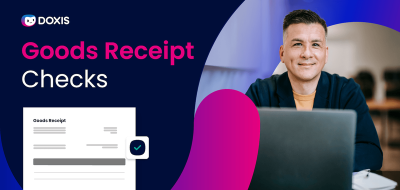 A man smiling at a laptop with a goods receipt graphic in the background.