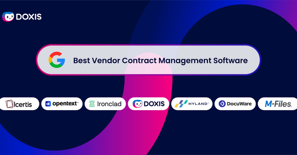 Graphic showcasing 'Best Vendor Contract Management Software' with logos of various software brands.