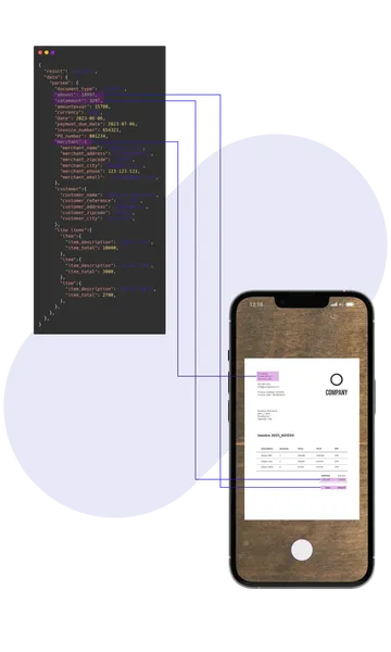 An invoice displayed on a smartphone next to code snippets.