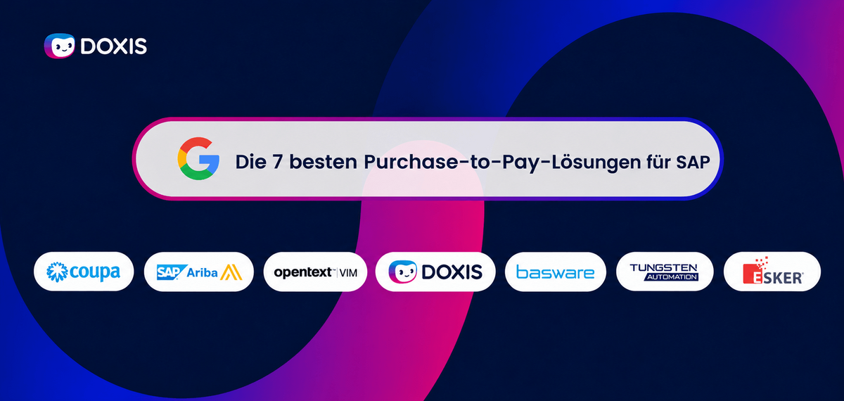 Grafik mit den 7 besten Purchase-to-Pay-Lösungen für SAP mit Logos und Text auf Deutsch.