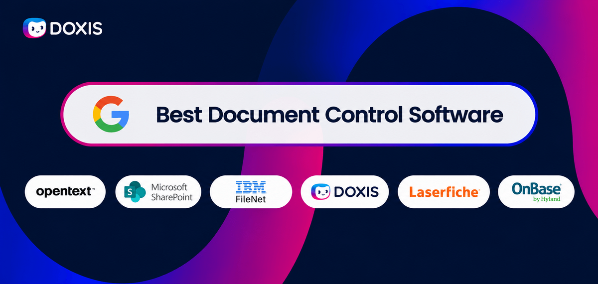 Graphic showcasing top document control software options including Doxis, OpenText, and SharePoint.