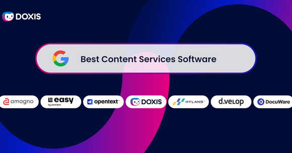 Graphic featuring logos of top content services software including Doxis and Google.