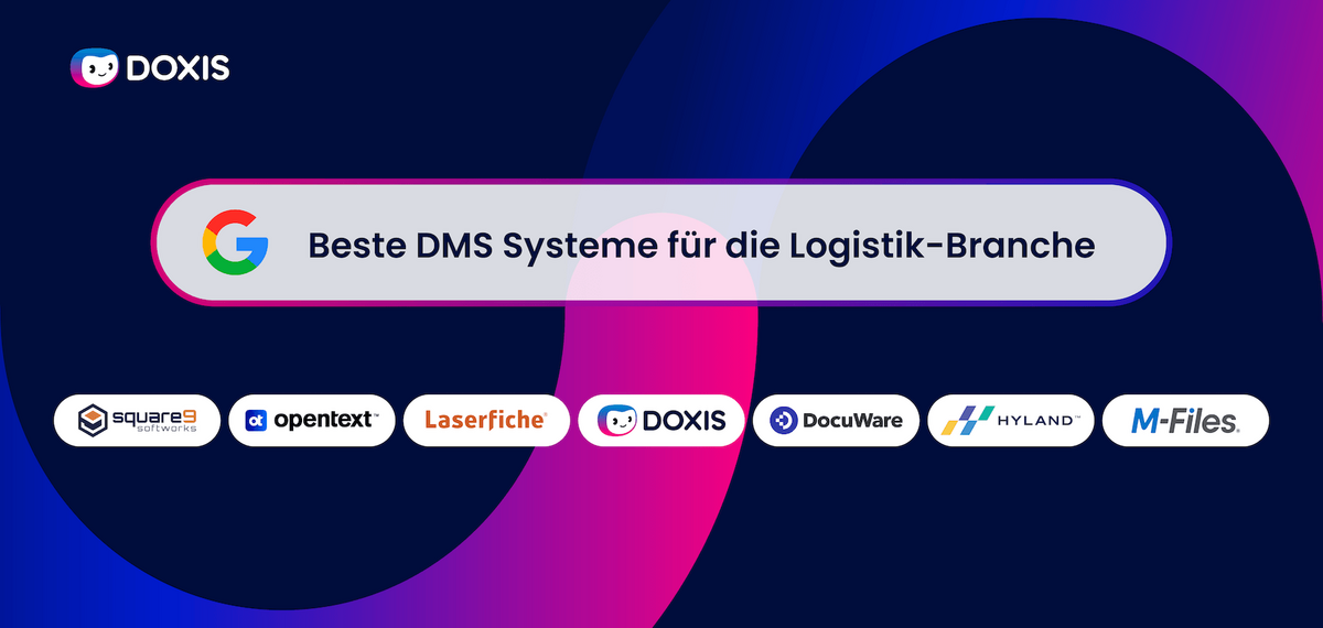 Grafik, die die besten DMS-Systeme für die Logistik zeigt, mit Logos verschiedener Softwareanbieter.