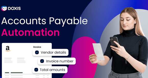 A woman using a smartphone while holding an invoice, promoting accounts payable automation.