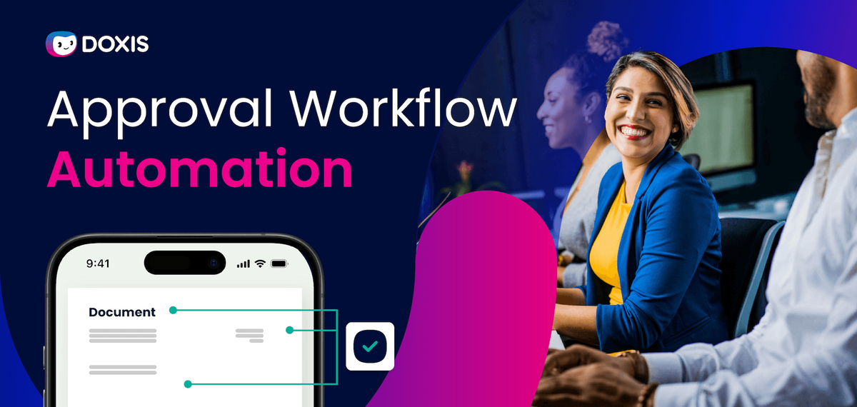 A smiling woman in a blue jacket participates in a meeting about approval workflow automation.