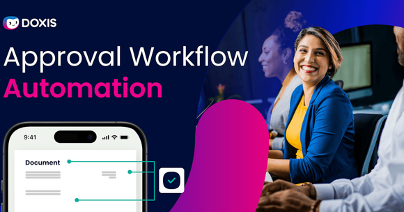 A smiling woman in a blue jacket participates in a meeting about approval workflow automation.