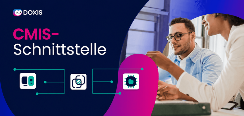 Zwei Personen diskutieren Konzepte der CMIS-Schnittstelle mit Symbolen in einem modernen Arbeitsumfeld.