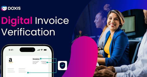 A smiling woman in a blue jacket at a digital invoice verification meeting, with an invoice displayed on a phone.