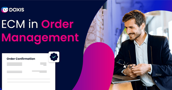 Man smiling while reviewing order management system on a laptop, with order confirmation displayed.