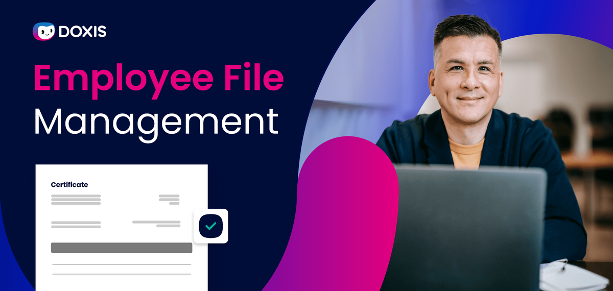 A man smiling at a laptop, with a document labeled 'Certificate' nearby, promoting employee file management.