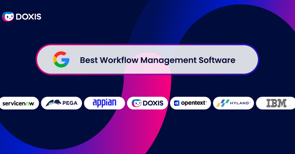 Graphic promoting Doxis as a leading workflow management software with logos of competitors.