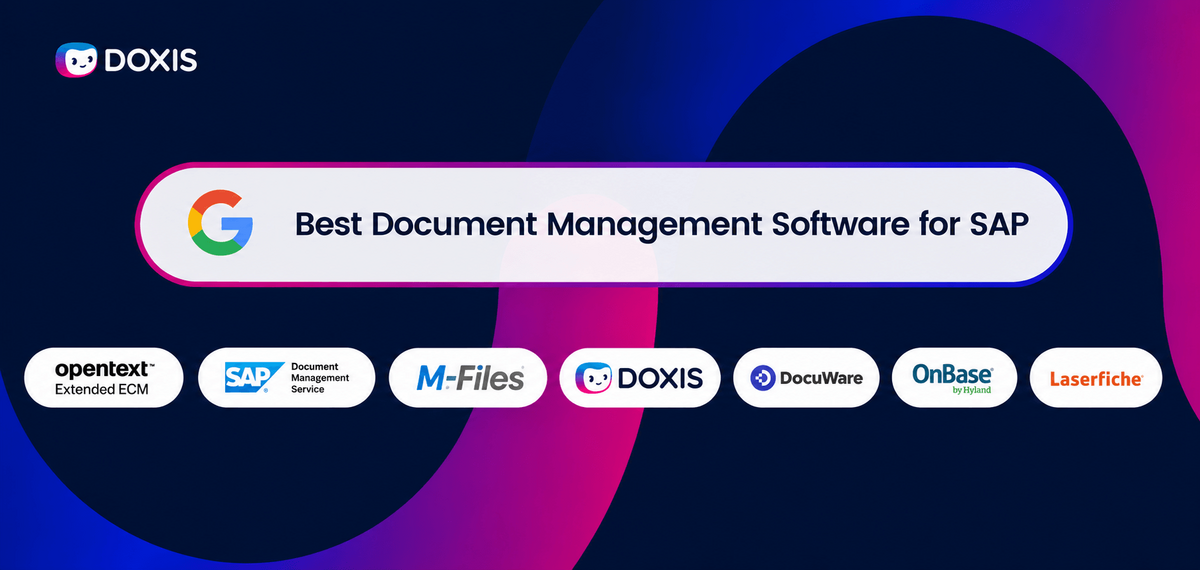 Graphic showcasing the best document management software for SAP with logos of various providers.