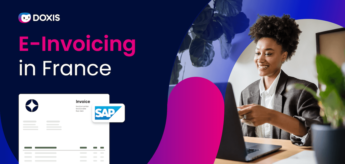 A woman smiling while working on a laptop, with an invoice graphic and SAP logo.