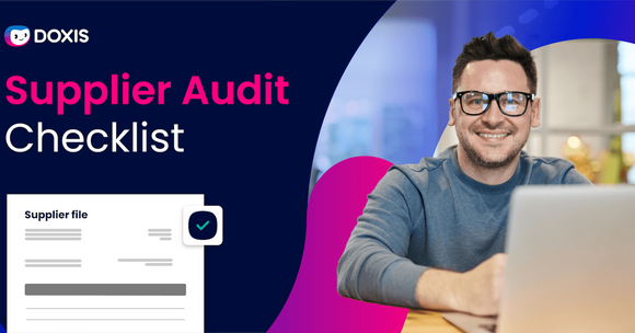 A smiling man in a sweater sitting at a laptop, with a supplier audit checklist graphic to the left.