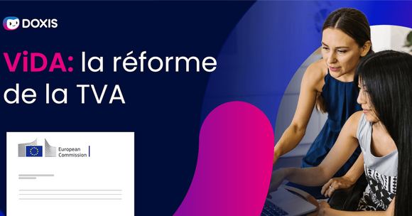 Deux femmes collaborant sur un ordinateur portable, discutant de la réforme de la TVA. Arrière-plan avec branding de la Commission européenne.