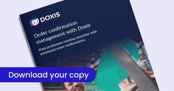 Promotional image for Doxis order confirmation management, featuring a download button.