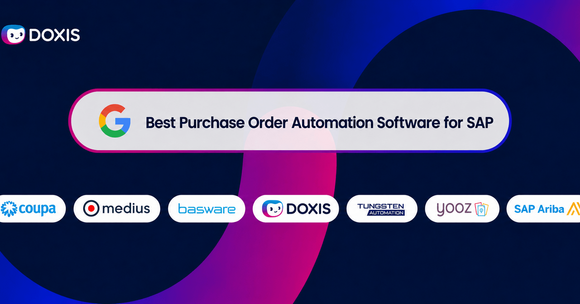 Graphic showcasing the best purchase order automation software for SAP with logos of various providers.