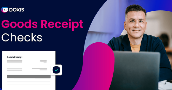 A man smiling at a laptop with a goods receipt graphic in the background.