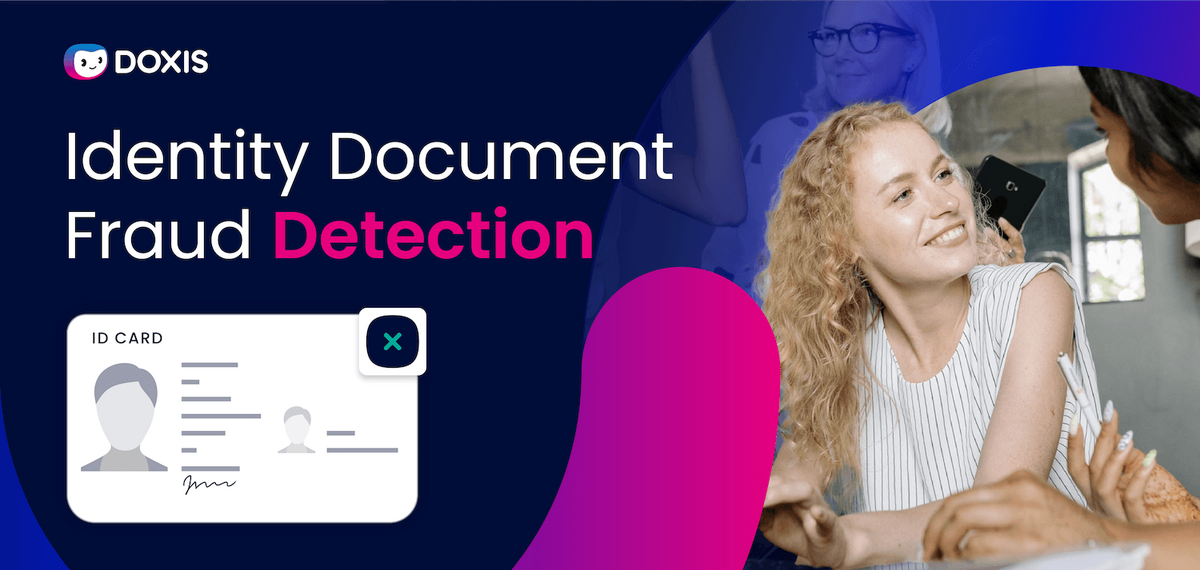 A group of people discussing identity document fraud detection, featuring an ID card graphic.