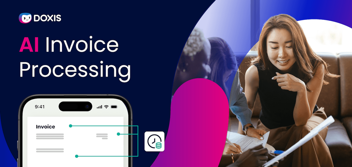 A woman smiling while reviewing documents and an invoice on a phone, promoting AI invoice processing.