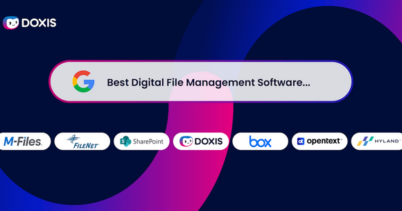 Graphic showcasing digital file management software options including Doxis, M-Files, and more.