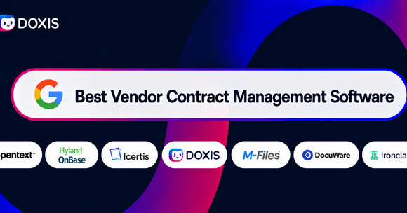 Graphic showcasing 'Best Vendor Contract Management Software' with logos of various software brands.