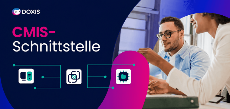 Zwei Personen diskutieren Konzepte der CMIS-Schnittstelle mit Symbolen in einem modernen Arbeitsumfeld.
