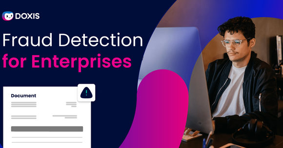 A person working on a computer with a document and alert icon, promoting fraud detection for enterprises.