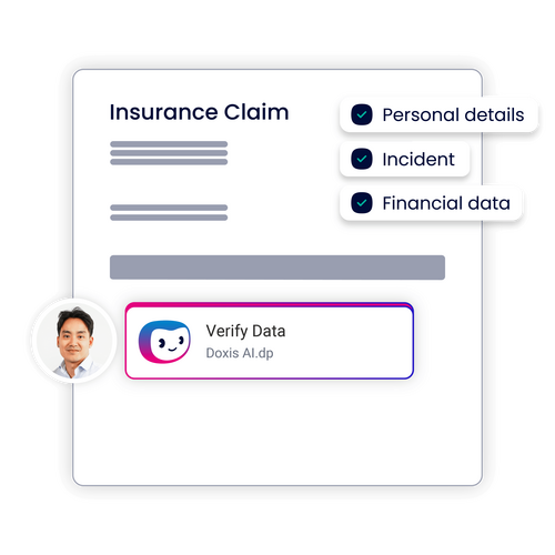 An insurance claim form displaying personal, incident, and financial data verification options with a user profile.