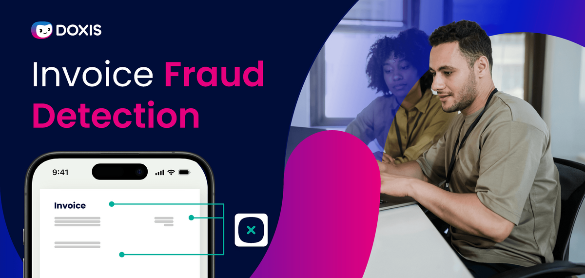 Two people collaborating on invoice fraud detection using a smartphone.