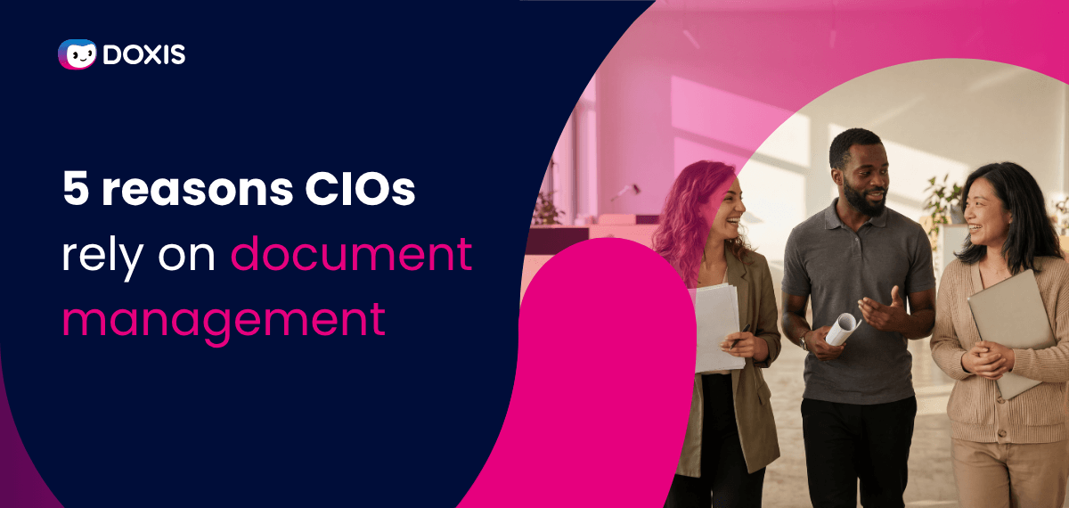 Three professionals discussing document management strategies in an office setting.